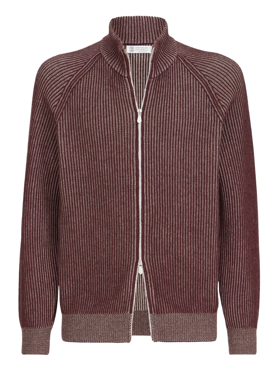 Brunello Cucinelli Men's Cashmere Vanisé English Rib High-Neck Cardigan with Zipper - Burgundy