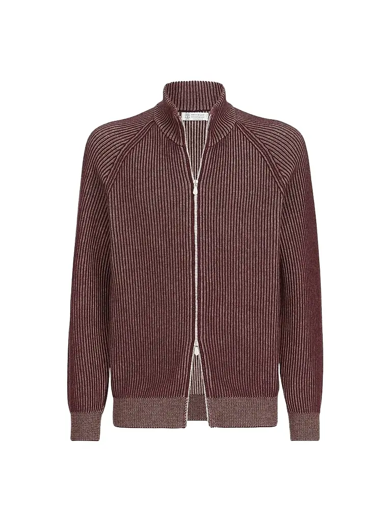 Brunello Cucinelli Men's Cashmere Vanisé English Rib High-Neck Cardigan with Zipper - Burgundy - Size 50 | Image 1 Brunello Cucinelli Men's Cashmere Vanisé English Rib High-Neck Cardigan with Zipper - Burgundy - Size 50 | Image 1