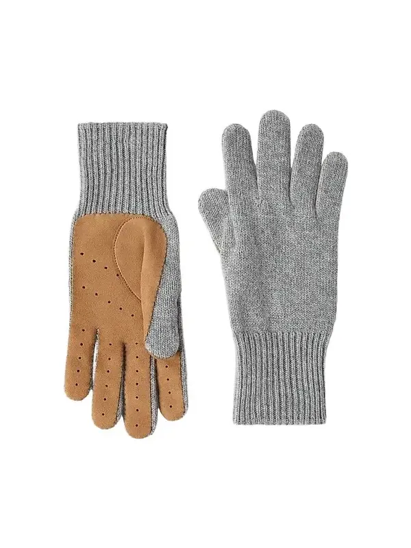 Brunello Cucinelli Men's Cashmere Knit Gloves with Suede Palm - Light Grey