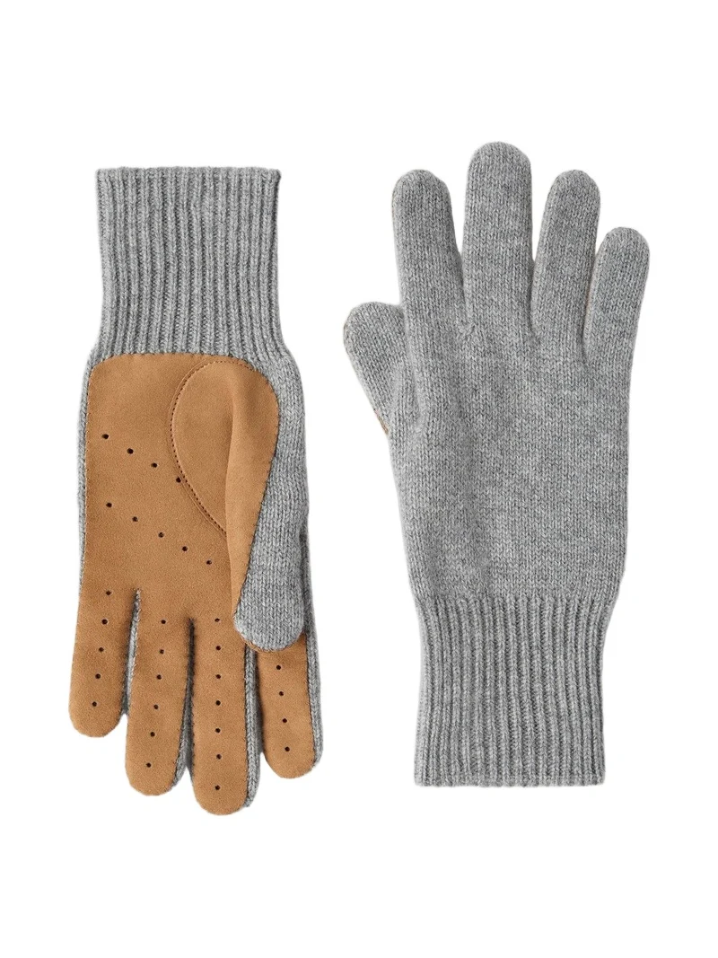 Brunello Cucinelli Men's Cashmere Knit Gloves with Suede Palm - Light Grey
