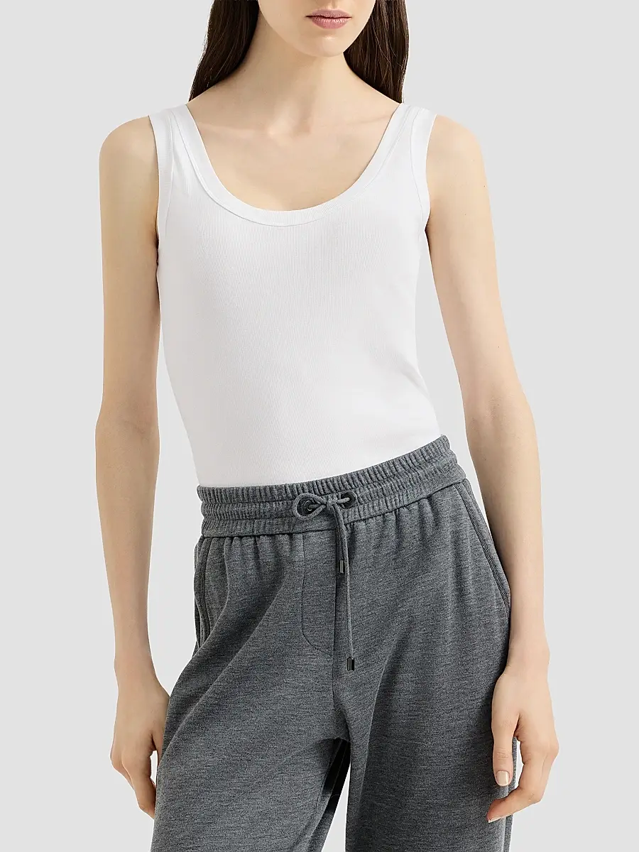Brunello Cucinelli Women's Stretch Cotton Ribbed Jersey Top with Monili - White | Thumbnail 2