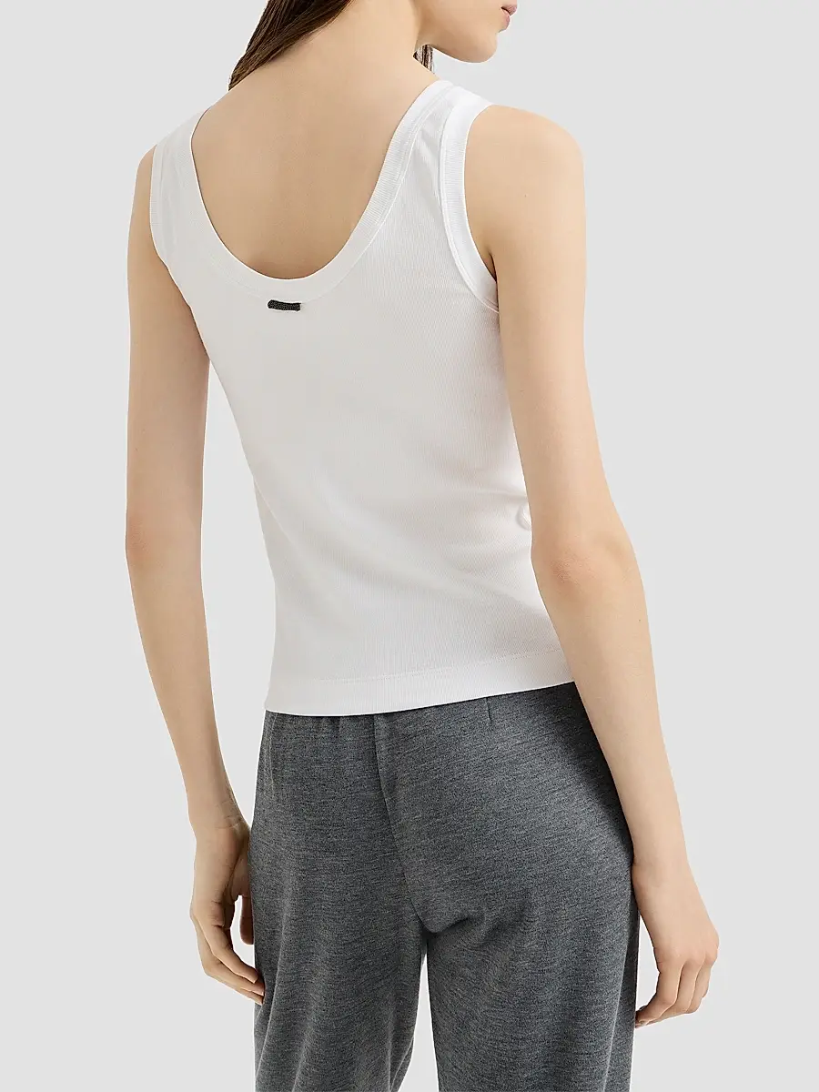Brunello Cucinelli Women's Stretch Cotton Ribbed Jersey Top with Monili - White | Thumbnail 3
