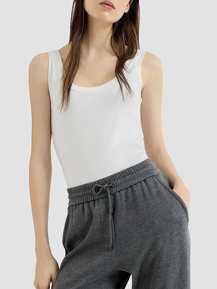 Brunello Cucinelli Women's Stretch Cotton Ribbed Jersey Top with Monili - White | Thumbnail 4