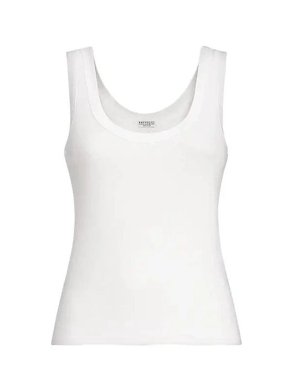 Women's Stretch Cotton Ribbed Jersey Top with Monili - White