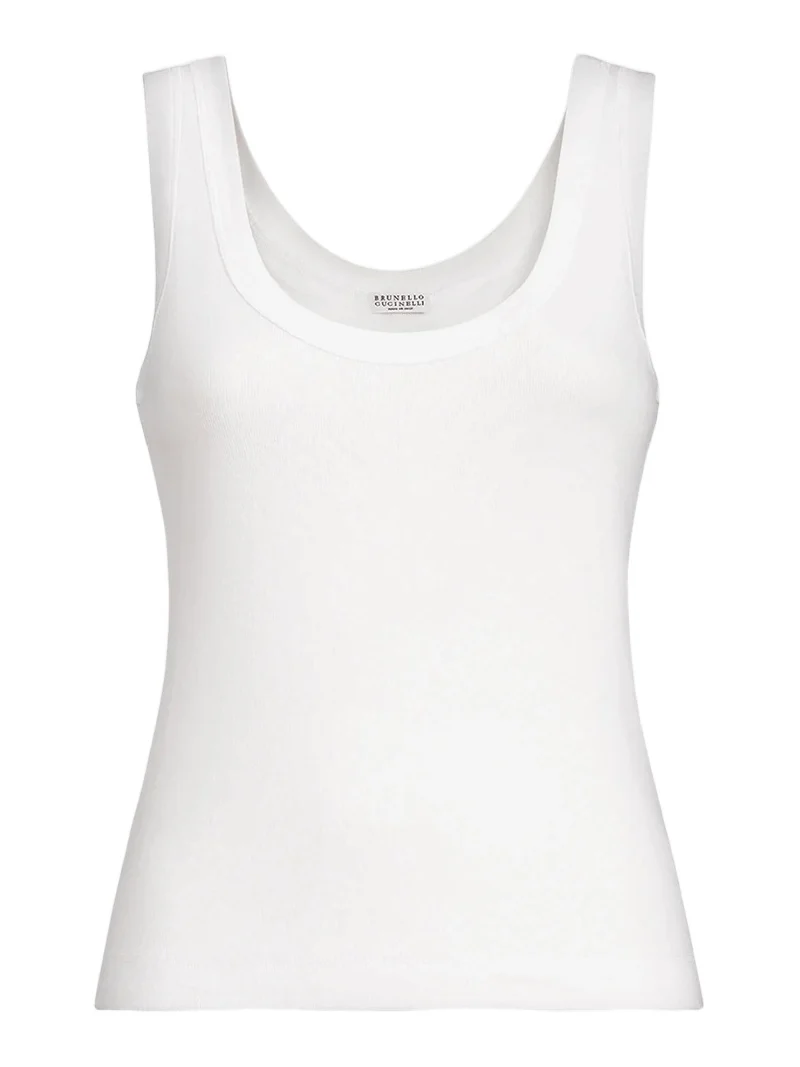 Women's Stretch Cotton Ribbed Jersey Top with Monili - White