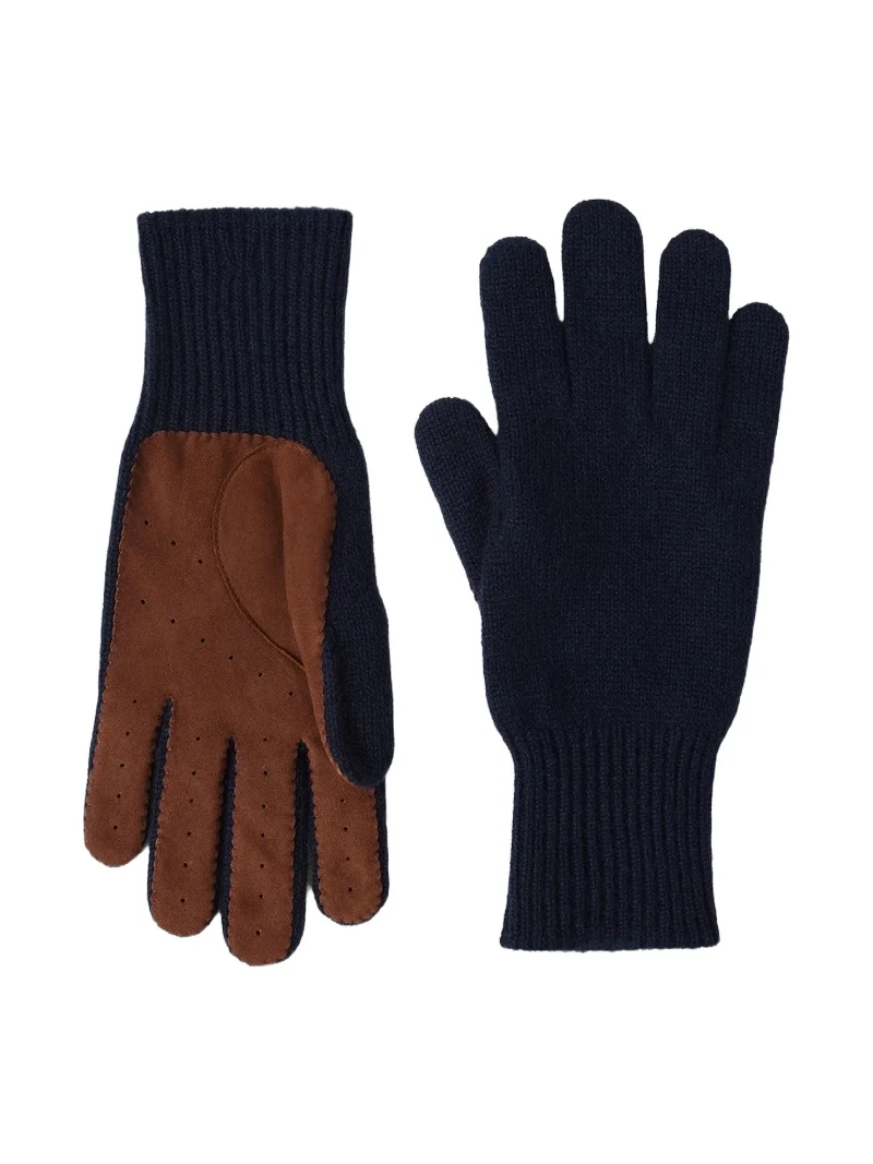 Brunello Cucinelli Men's Cashmere Knit Gloves with Suede Palm - Navy Blue