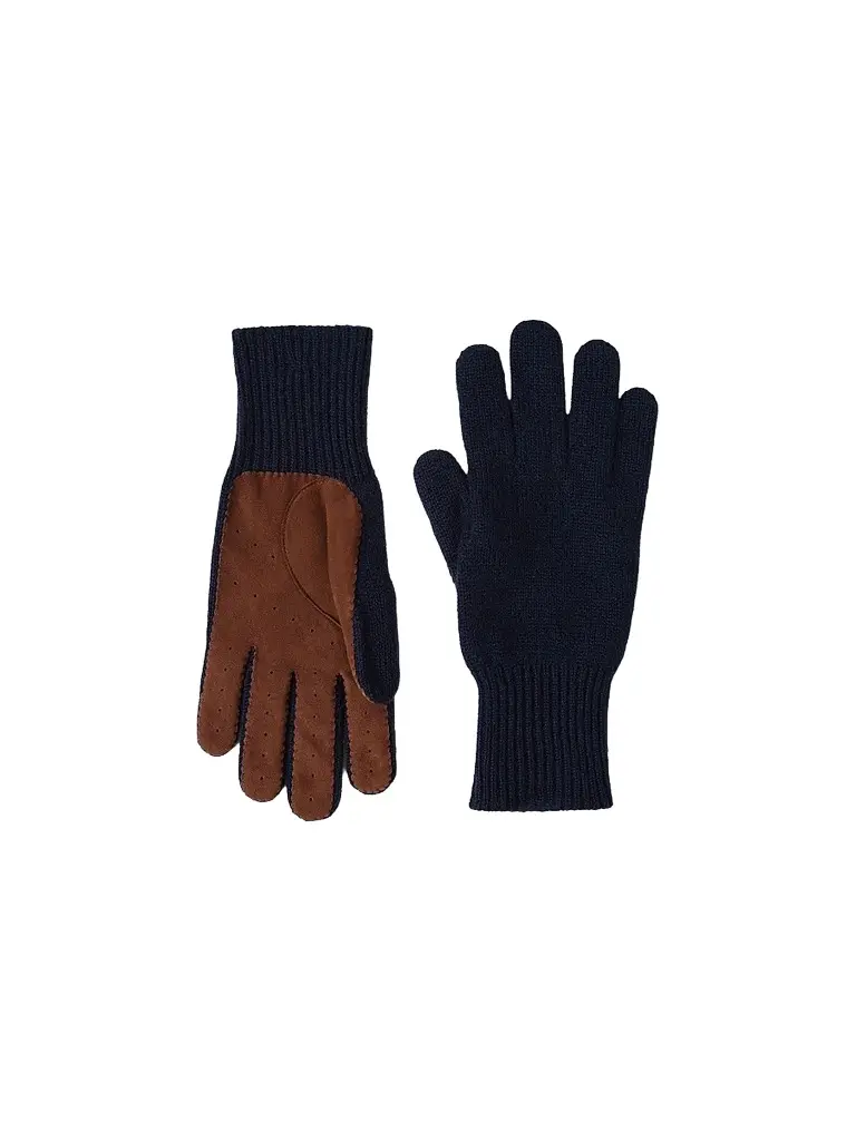 Brunello Cucinelli Men's Cashmere Knit Gloves with Suede Palm - Navy Blue | Image 1 Brunello Cucinelli Men's Cashmere Knit Gloves with Suede Palm - Navy Blue | Image 1