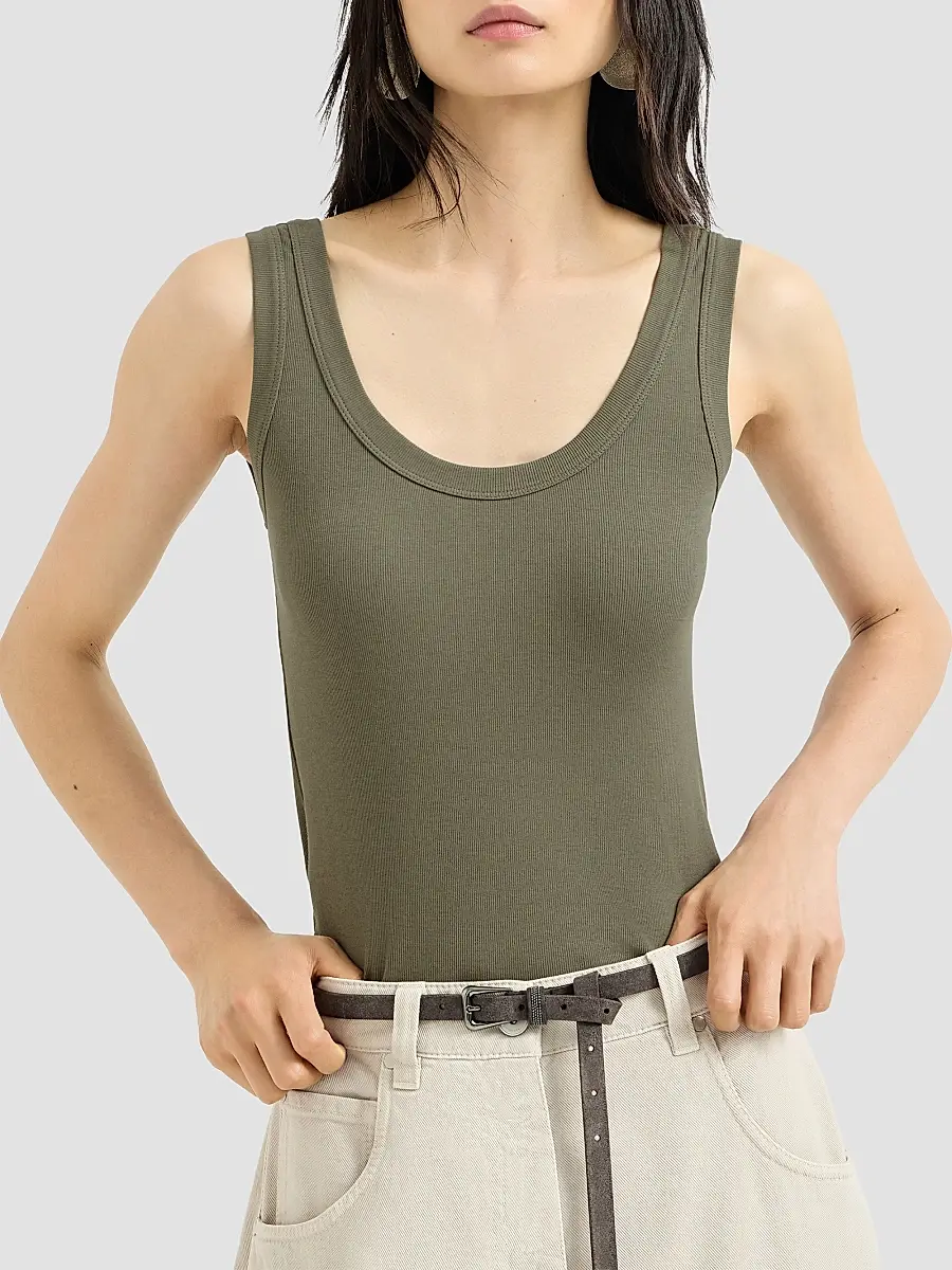Brunello Cucinelli Women's Stretch Cotton Ribbed Jersey Top with Monili - Origano | Thumbnail 3