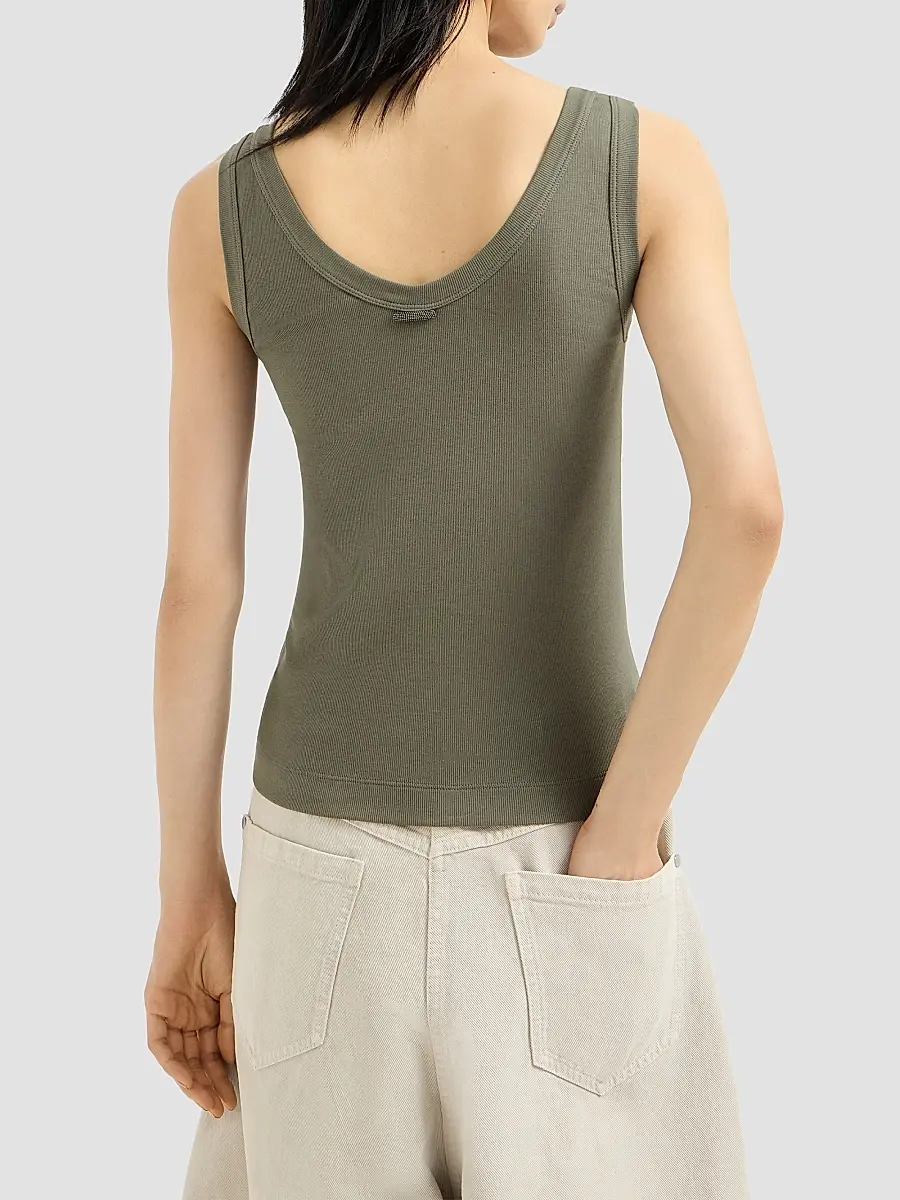 Brunello Cucinelli Women's Stretch Cotton Ribbed Jersey Top with Monili - Origano | Thumbnail 4
