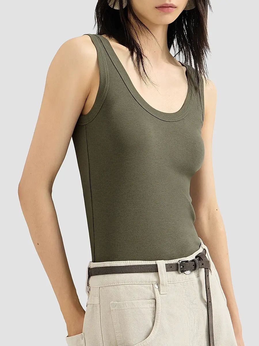 Brunello Cucinelli Women's Stretch Cotton Ribbed Jersey Top with Monili - Origano | Thumbnail 5
