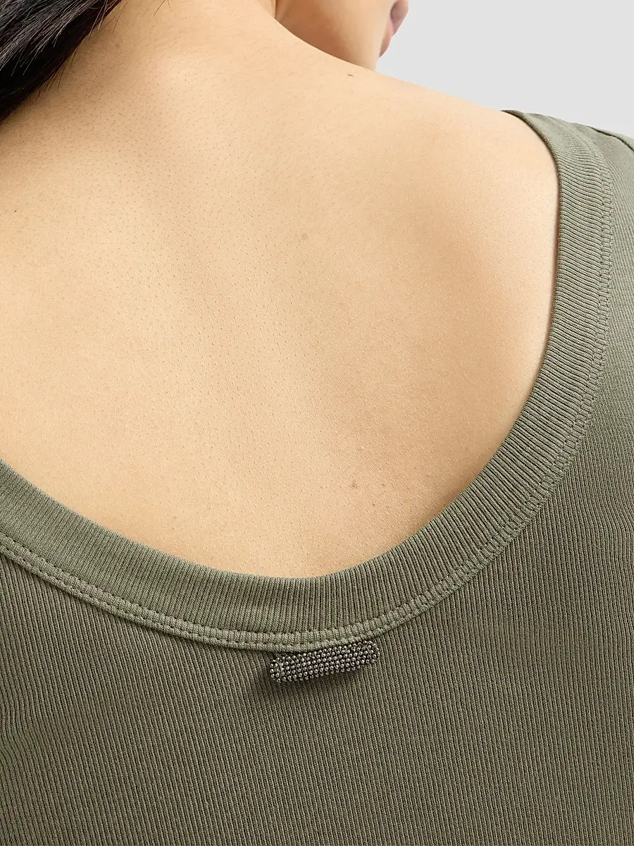 Brunello Cucinelli Women's Stretch Cotton Ribbed Jersey Top with Monili - Origano | Thumbnail 6