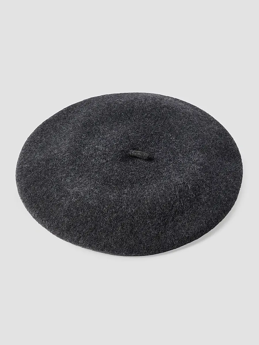 Brunello Cucinelli Women's Wool Beret Hat with Precious Detail - Lignite Grey | Thumbnail 2 Brunello Cucinelli Women's Wool Beret Hat with Precious Detail - Lignite Grey | Thumbnail 2