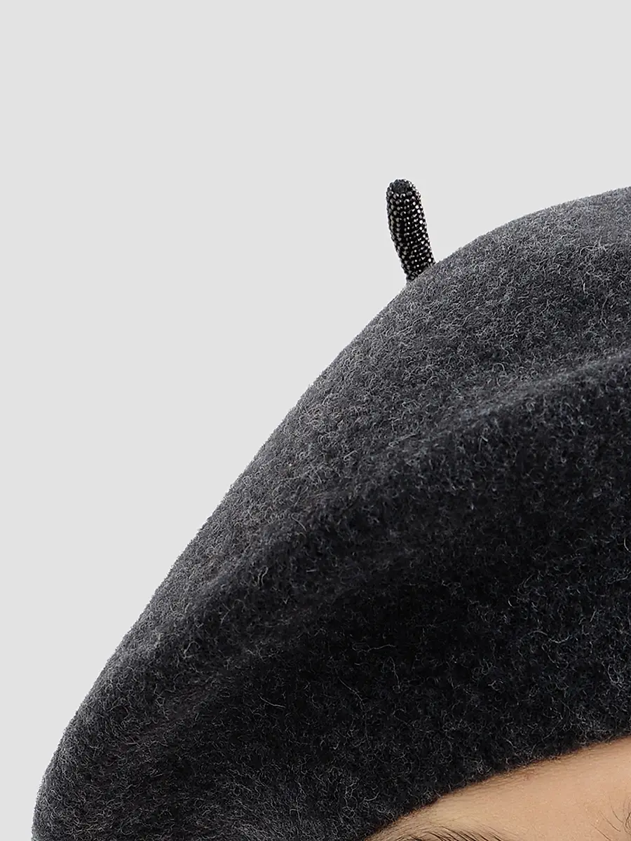 Brunello Cucinelli Women's Wool Beret Hat with Precious Detail - Lignite Grey | Thumbnail 3 Brunello Cucinelli Women's Wool Beret Hat with Precious Detail - Lignite Grey | Thumbnail 3