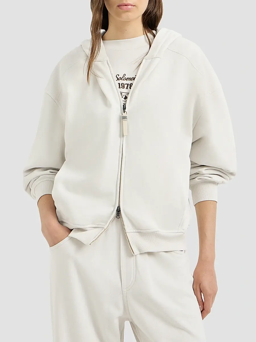 Brunello Cucinelli Women's Cotton Smooth French Terry Sweatshirt with Shiny Zipper Pull | Thumbnail 2