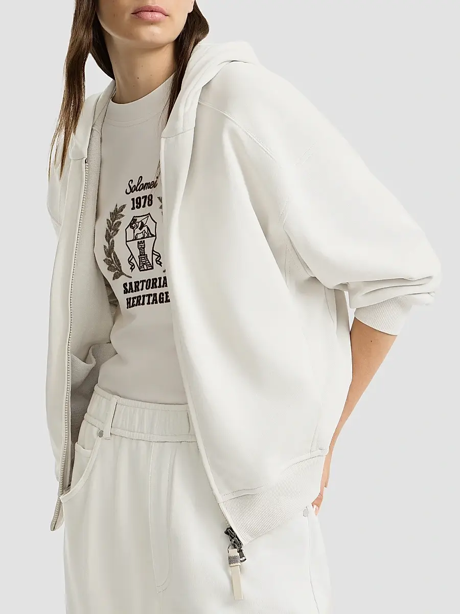 Brunello Cucinelli Women's Cotton Smooth French Terry Sweatshirt with Shiny Zipper Pull | Thumbnail 4