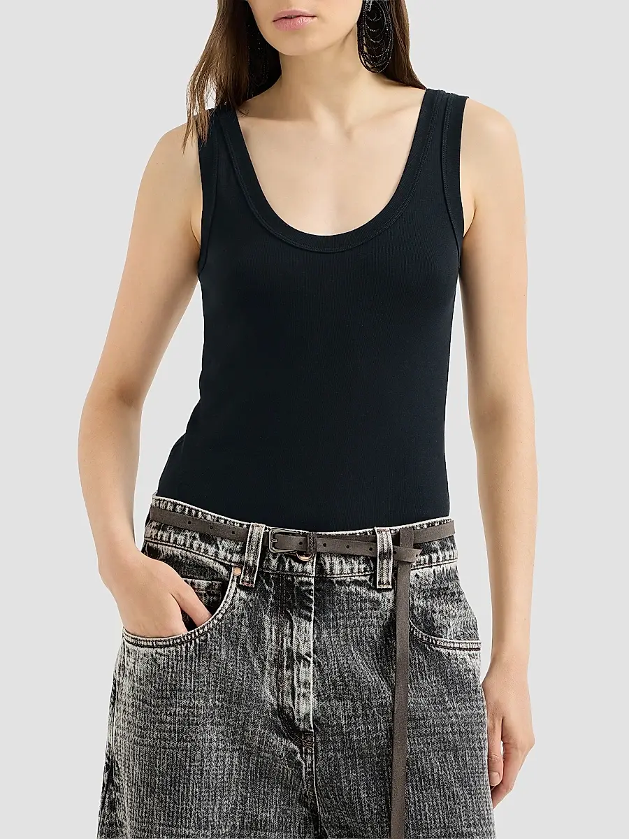 Brunello Cucinelli Women's Stretch Cotton Ribbed Jersey Top with Monili - Black | Thumbnail 2