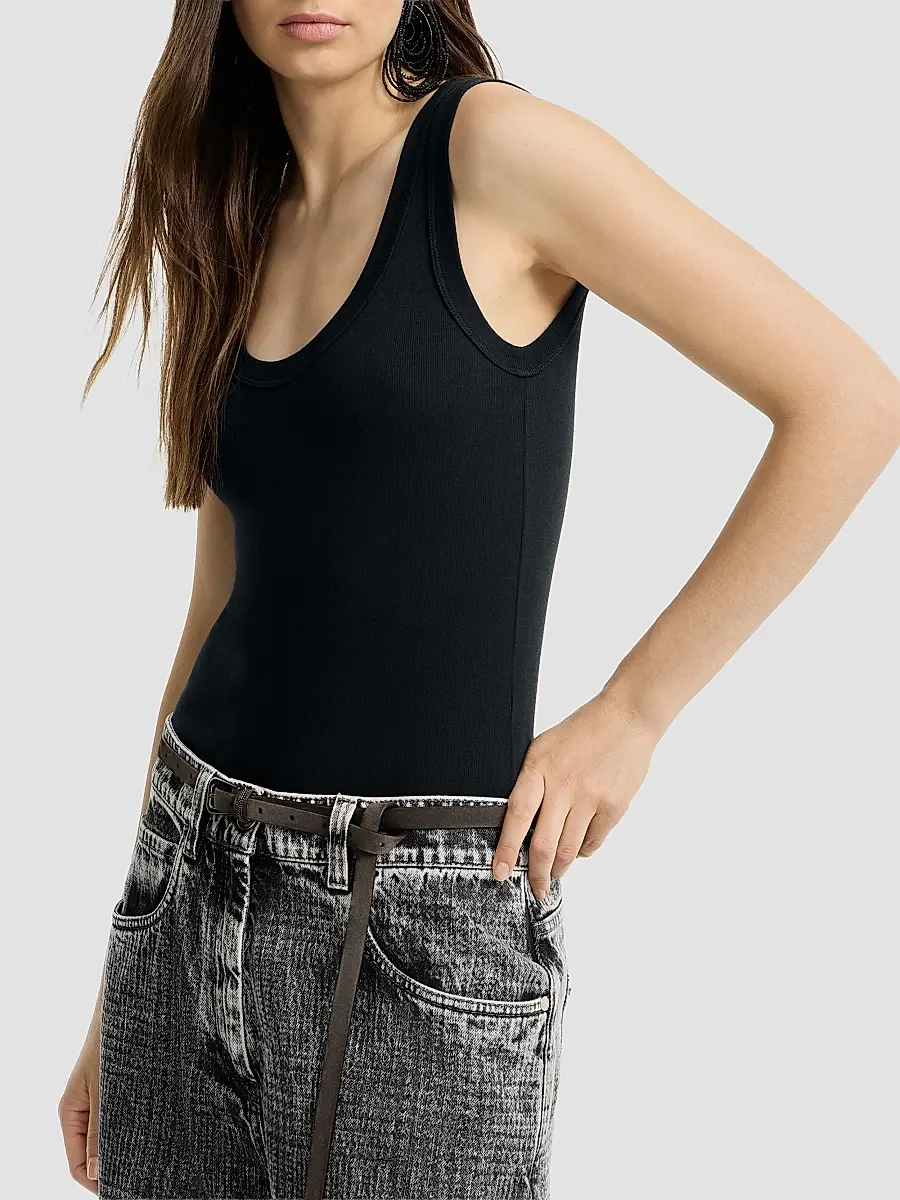 Brunello Cucinelli Women's Stretch Cotton Ribbed Jersey Top with Monili - Black | Thumbnail 3
