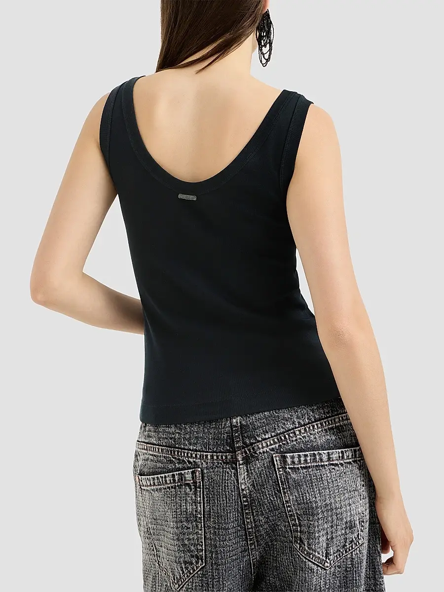 Brunello Cucinelli Women's Stretch Cotton Ribbed Jersey Top with Monili - Black | Thumbnail 4