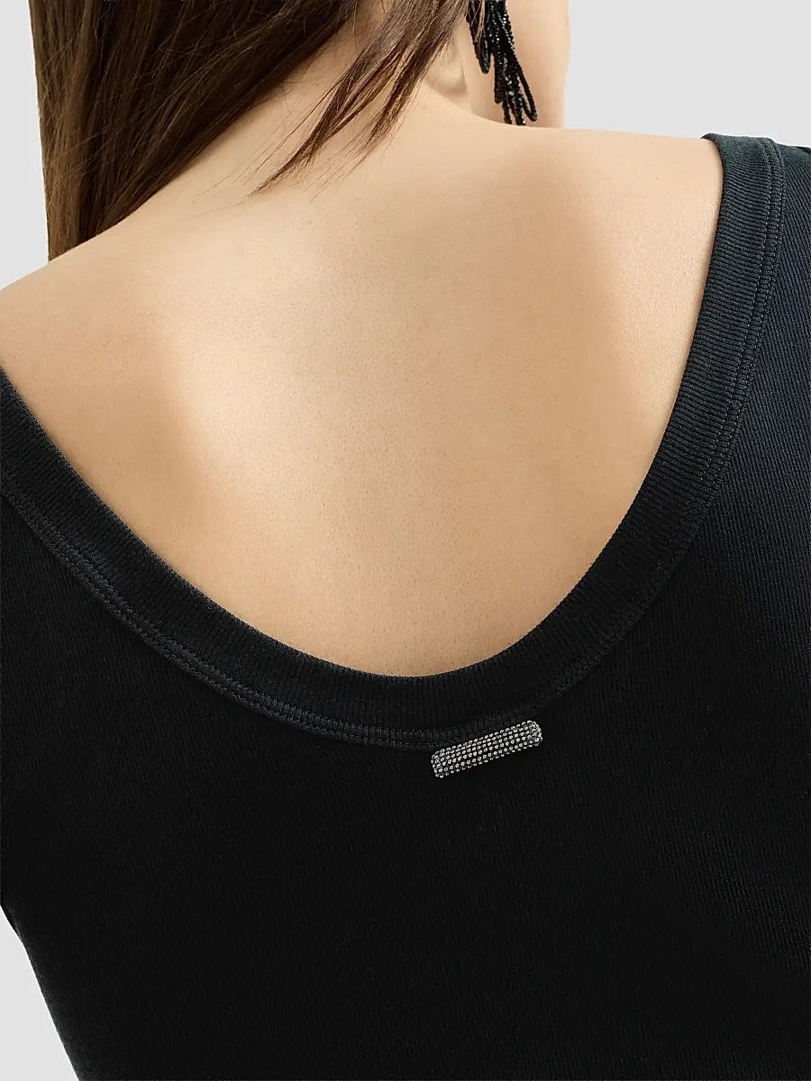 Brunello Cucinelli Women's Stretch Cotton Ribbed Jersey Top with Monili - Black | Thumbnail 5