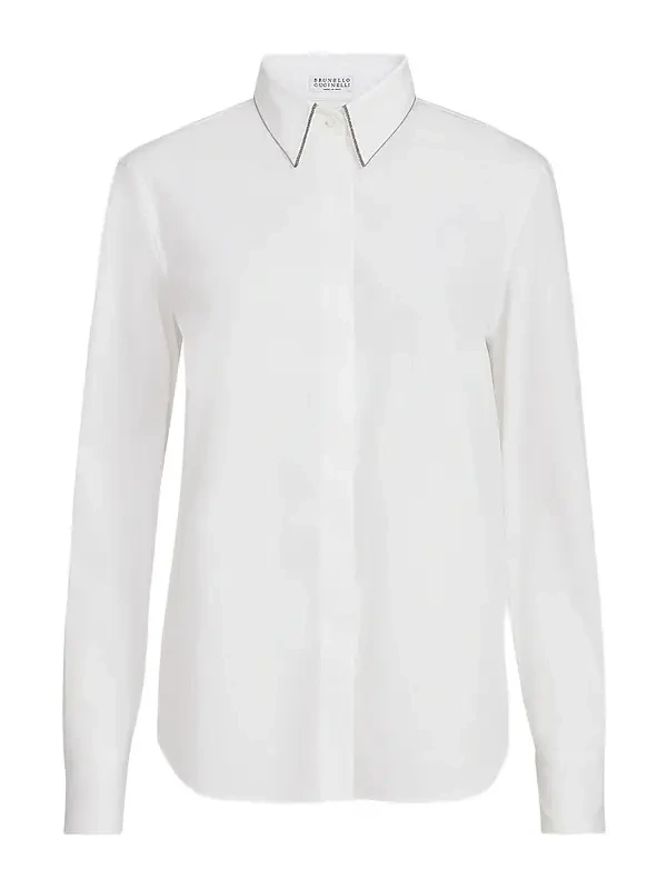 Women's Stretch Cotton Poplin Shirt with Shiny Collar - White