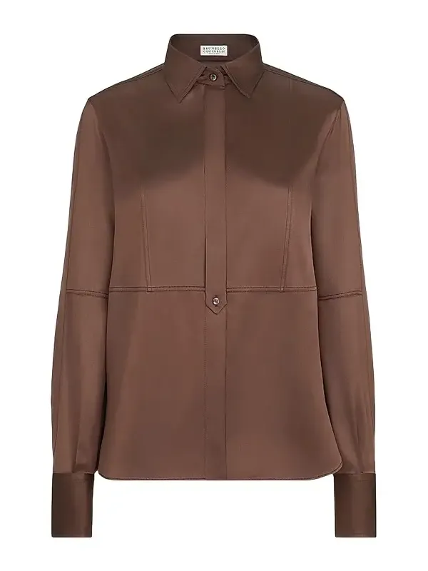 Women's Stretch Silk Satin Shirt with Monili - Brown Women's Stretch Silk Satin Shirt with Monili - Brown