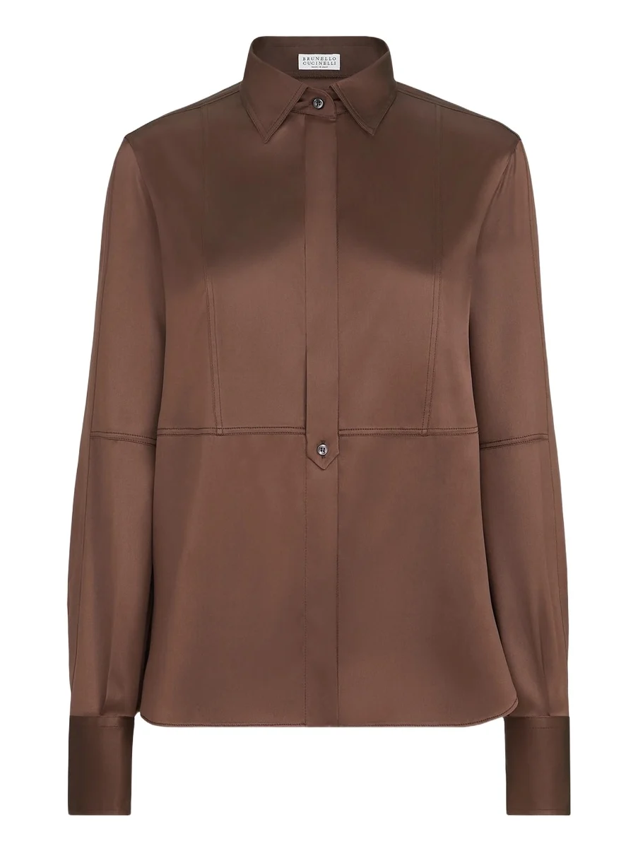 Women's Stretch Silk Satin Shirt with Monili - Brown Women's Stretch Silk Satin Shirt with Monili - Brown
