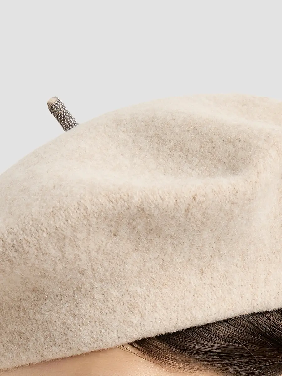 Brunello Cucinelli Women's Wool Beret Hat with Precious Detail - Pearl | Thumbnail 3 Brunello Cucinelli Women's Wool Beret Hat with Precious Detail - Pearl | Thumbnail 3
