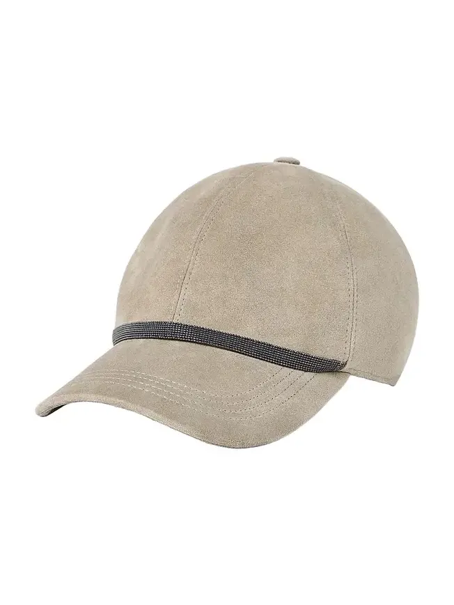 Women's Suede Baseball Cap with Shiny Band - Light Beige