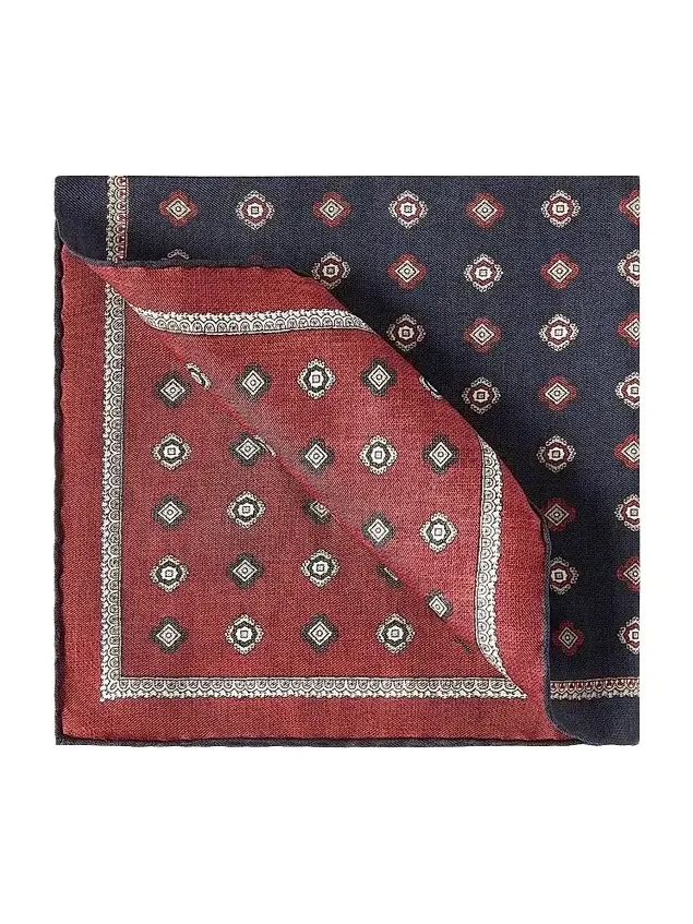 Men's Silk Pocket Square with Medallion Design - Navy Blue Men's Silk Pocket Square with Medallion Design - Navy Blue