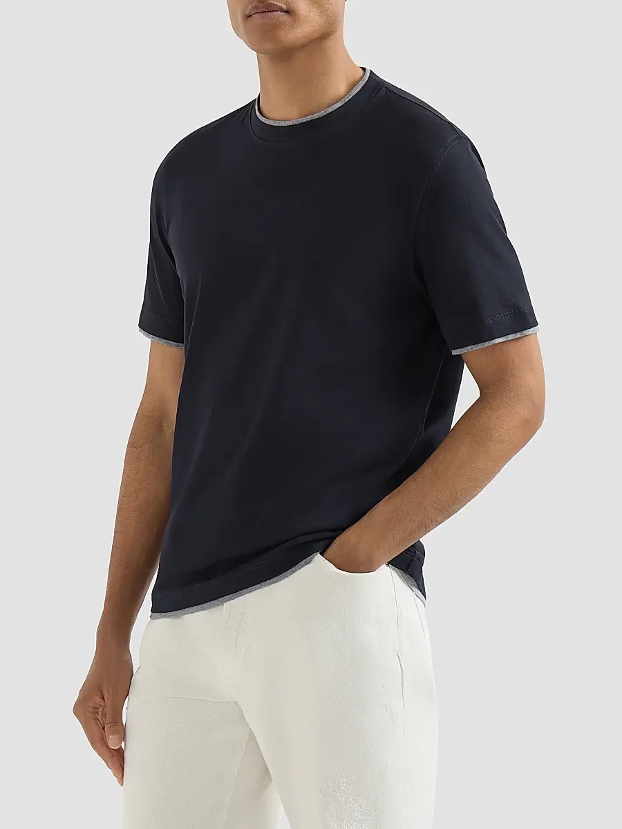 Brunello Cucinelli Men's Cotton Jersey Crewneck T-Shirt with Faux Layering - Cobalt | Thumbnail 2 Brunello Cucinelli Men's Cotton Jersey Crewneck T-Shirt with Faux Layering - Cobalt | Thumbnail 2