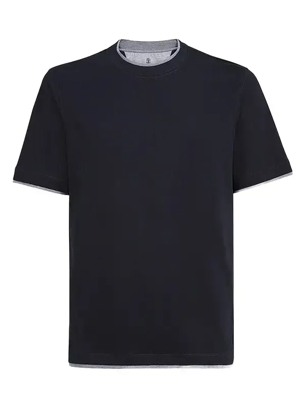 Men's Cotton Jersey Crewneck T-Shirt with Faux Layering - Cobalt Men's Cotton Jersey Crewneck T-Shirt with Faux Layering - Cobalt