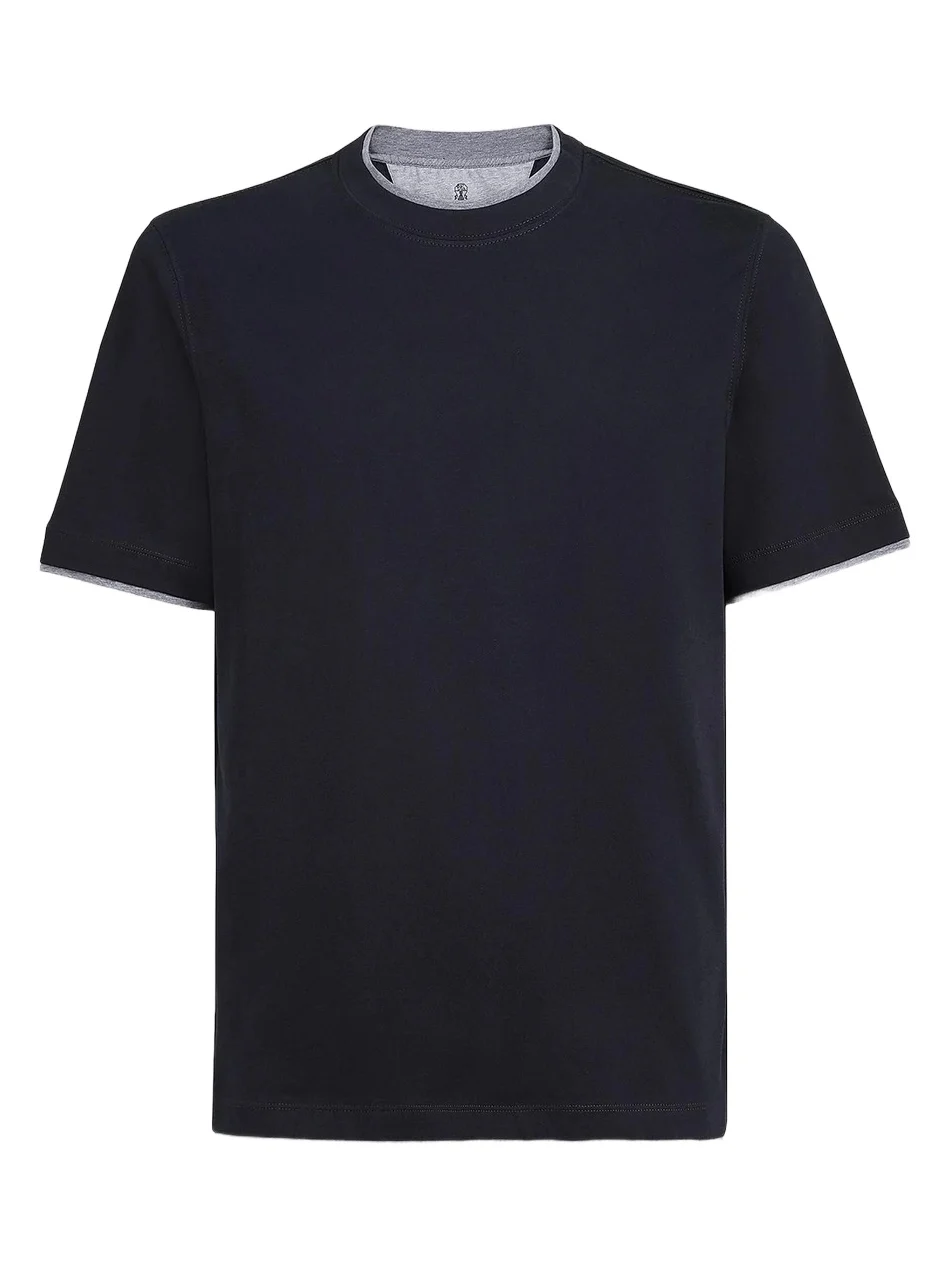 Men's Cotton Jersey Crewneck T-Shirt with Faux Layering - Cobalt Men's Cotton Jersey Crewneck T-Shirt with Faux Layering - Cobalt