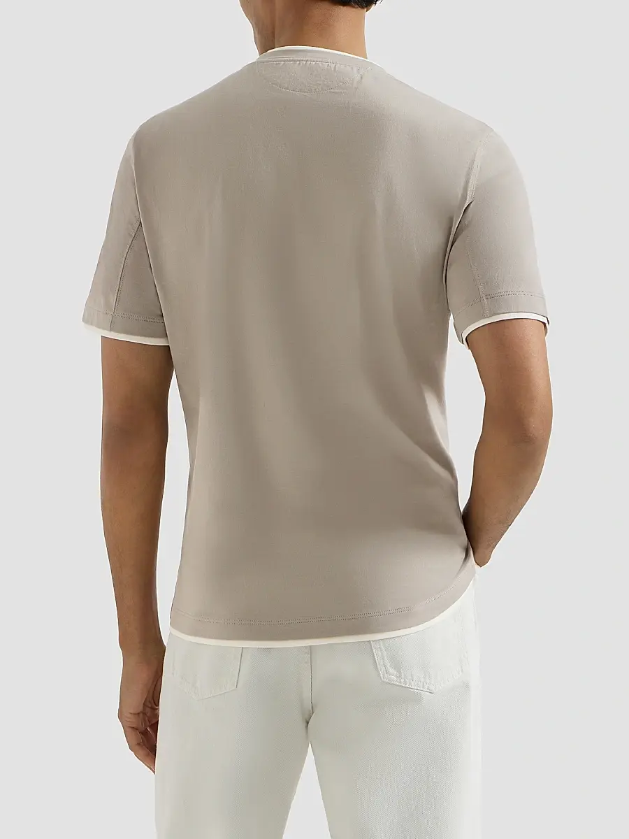 Brunello Cucinelli Men's Cotton Jersey Crewneck T-Shirt with Faux Layering - Light Brown | Thumbnail 3 Brunello Cucinelli Men's Cotton Jersey Crewneck T-Shirt with Faux Layering - Light Brown | Thumbnail 3