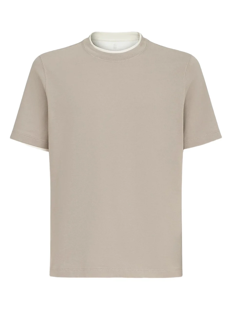 Men's Cotton Jersey Crewneck T-Shirt with Faux Layering - Light Brown Men's Cotton Jersey Crewneck T-Shirt with Faux Layering - Light Brown