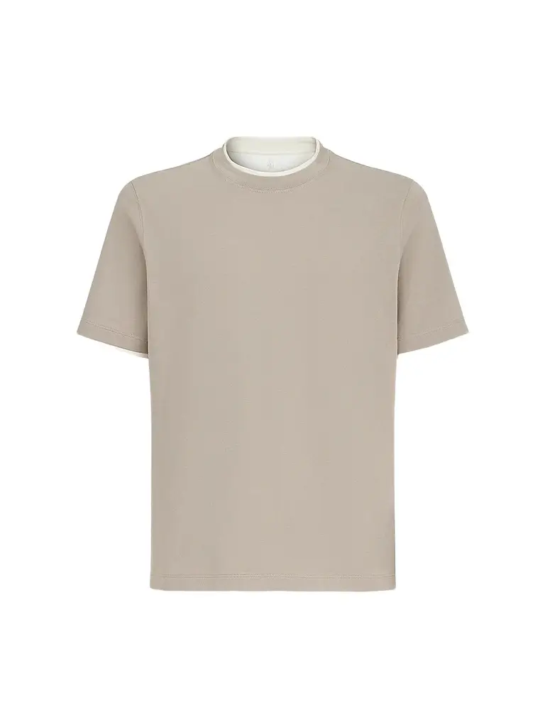 Brunello Cucinelli Men's Cotton Jersey Crewneck T-Shirt with Faux Layering - Light Brown | Image 1 Brunello Cucinelli Men's Cotton Jersey Crewneck T-Shirt with Faux Layering - Light Brown | Image 1
