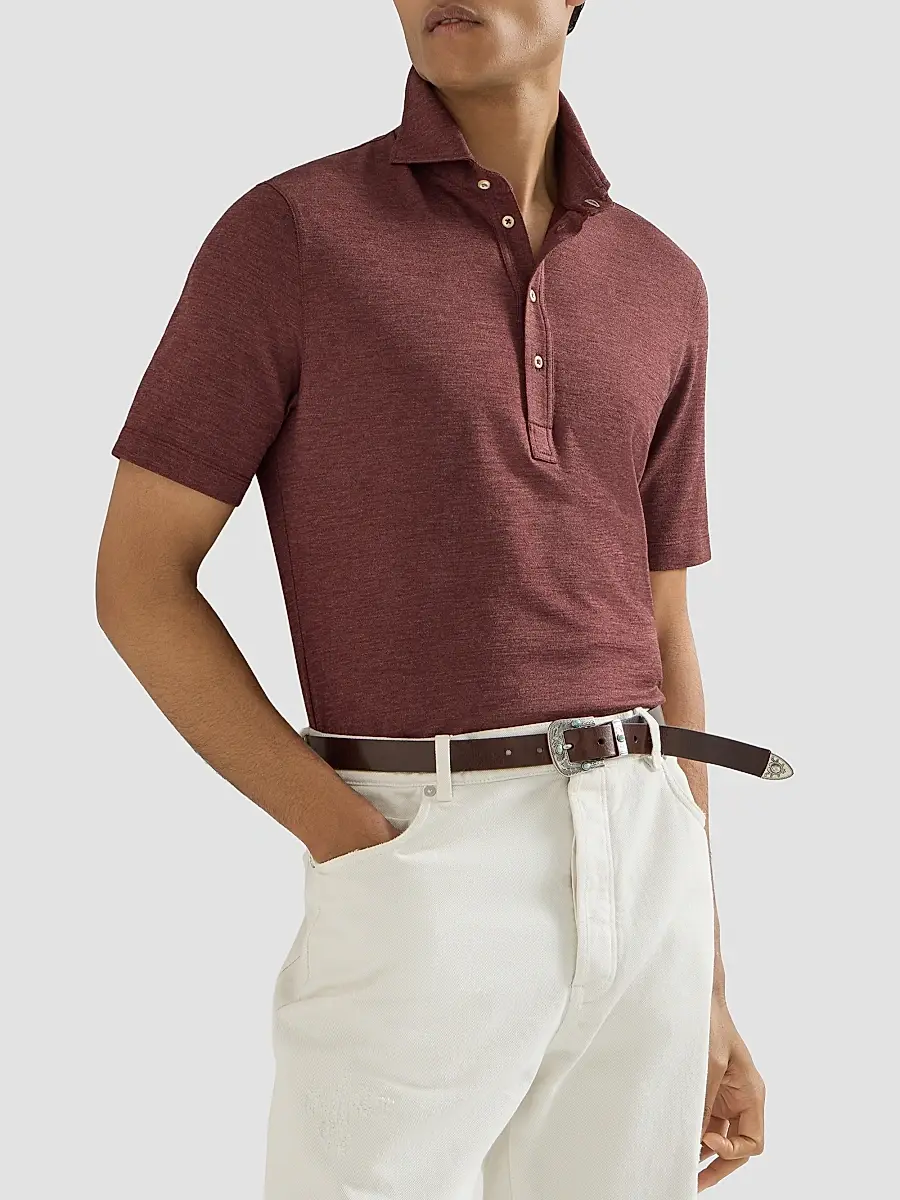 Brunello Cucinelli Men's Virgin Wool, Silk and Cotton Piqué Polo Shirt | Thumbnail 4 Brunello Cucinelli Men's Virgin Wool, Silk and Cotton Piqué Polo Shirt | Thumbnail 4