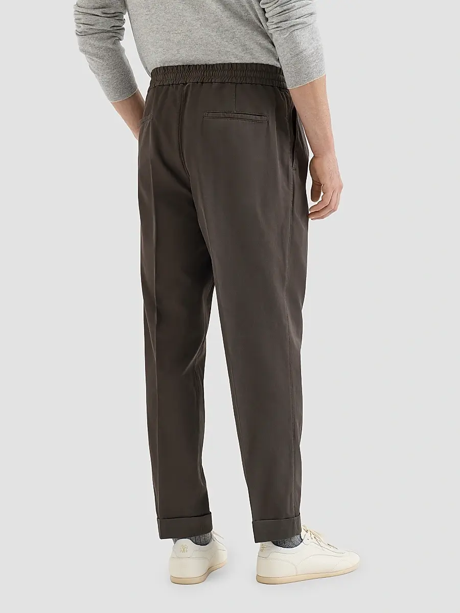Brunello Cucinelli Men's Cotton Gabardine Trousers with Drawstring and Double Pleats - Brown | Thumbnail 3 Brunello Cucinelli Men's Cotton Gabardine Trousers with Drawstring and Double Pleats - Brown | Thumbnail 3