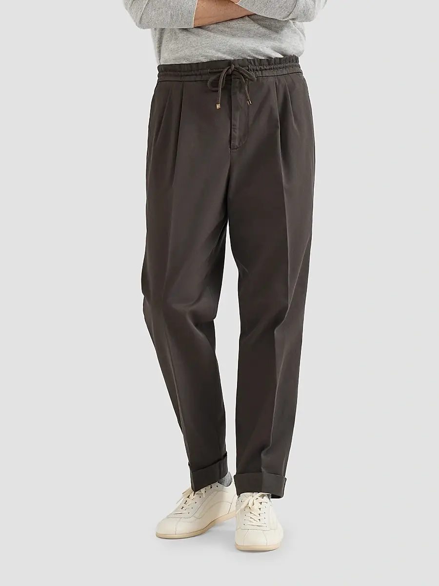 Brunello Cucinelli Men's Cotton Gabardine Trousers with Drawstring and Double Pleats - Brown | Thumbnail 4 Brunello Cucinelli Men's Cotton Gabardine Trousers with Drawstring and Double Pleats - Brown | Thumbnail 4
