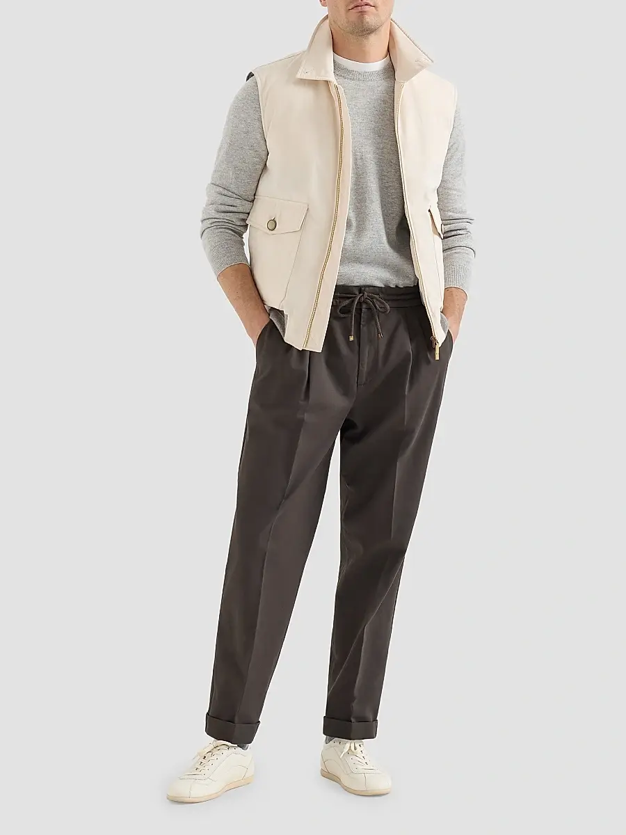 Brunello Cucinelli Men's Cotton Gabardine Trousers with Drawstring and Double Pleats - Brown | Thumbnail 6 Brunello Cucinelli Men's Cotton Gabardine Trousers with Drawstring and Double Pleats - Brown | Thumbnail 6
