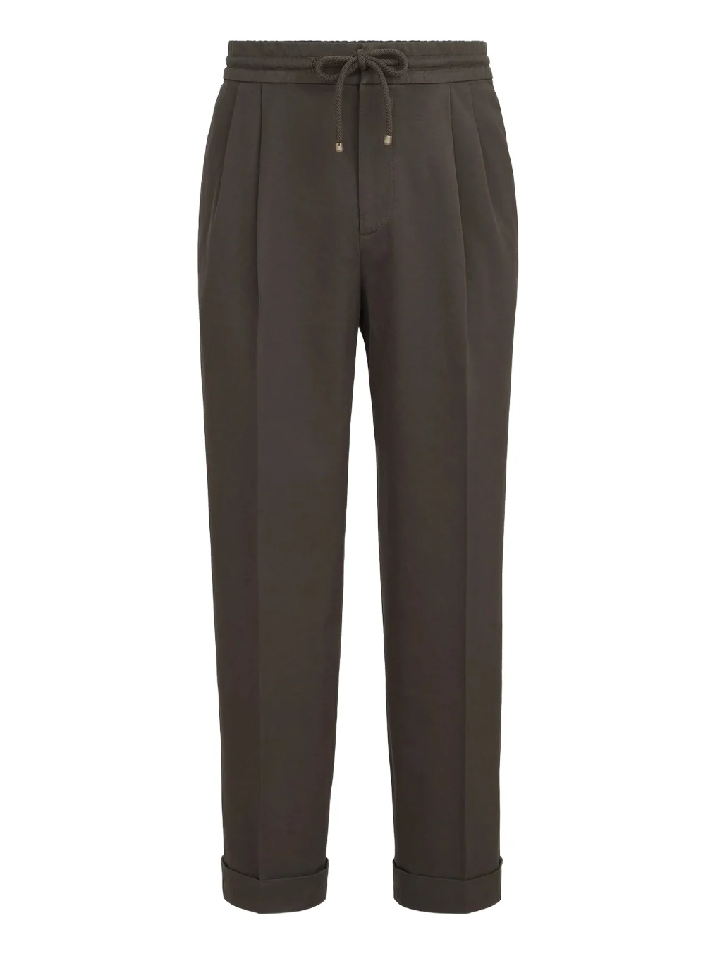 Men's Cotton Gabardine Trousers with Drawstring and Double Pleats - Brown Men's Cotton Gabardine Trousers with Drawstring and Double Pleats - Brown