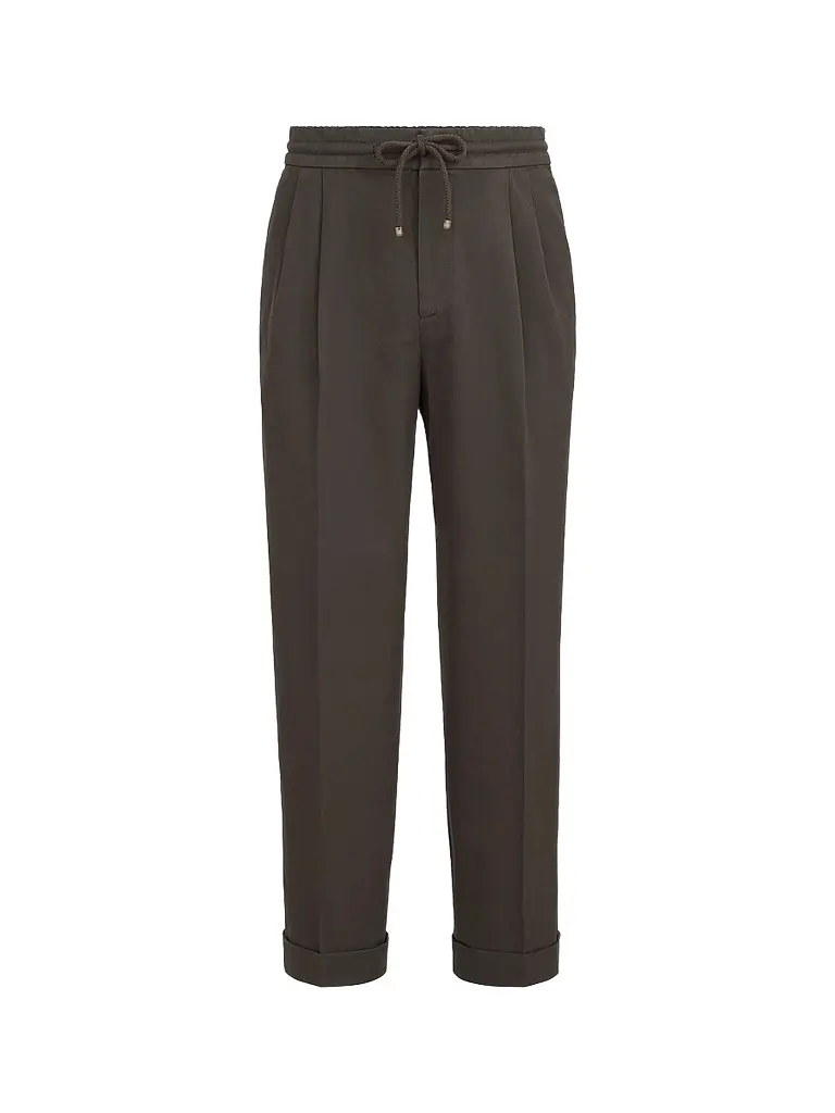 Brunello Cucinelli Men's Cotton Gabardine Trousers with Drawstring and Double Pleats - Brown - Size 42 | Image 1 Brunello Cucinelli Men's Cotton Gabardine Trousers with Drawstring and Double Pleats - Brown - Size 42 | Image 1