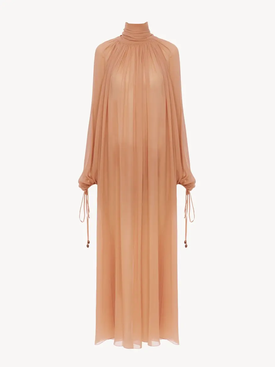 Chloé Mock-Neck Gathered Long Dress In Silk Georgette | Thumbnail 3 Chloé Mock-Neck Gathered Long Dress In Silk Georgette | Thumbnail 3
