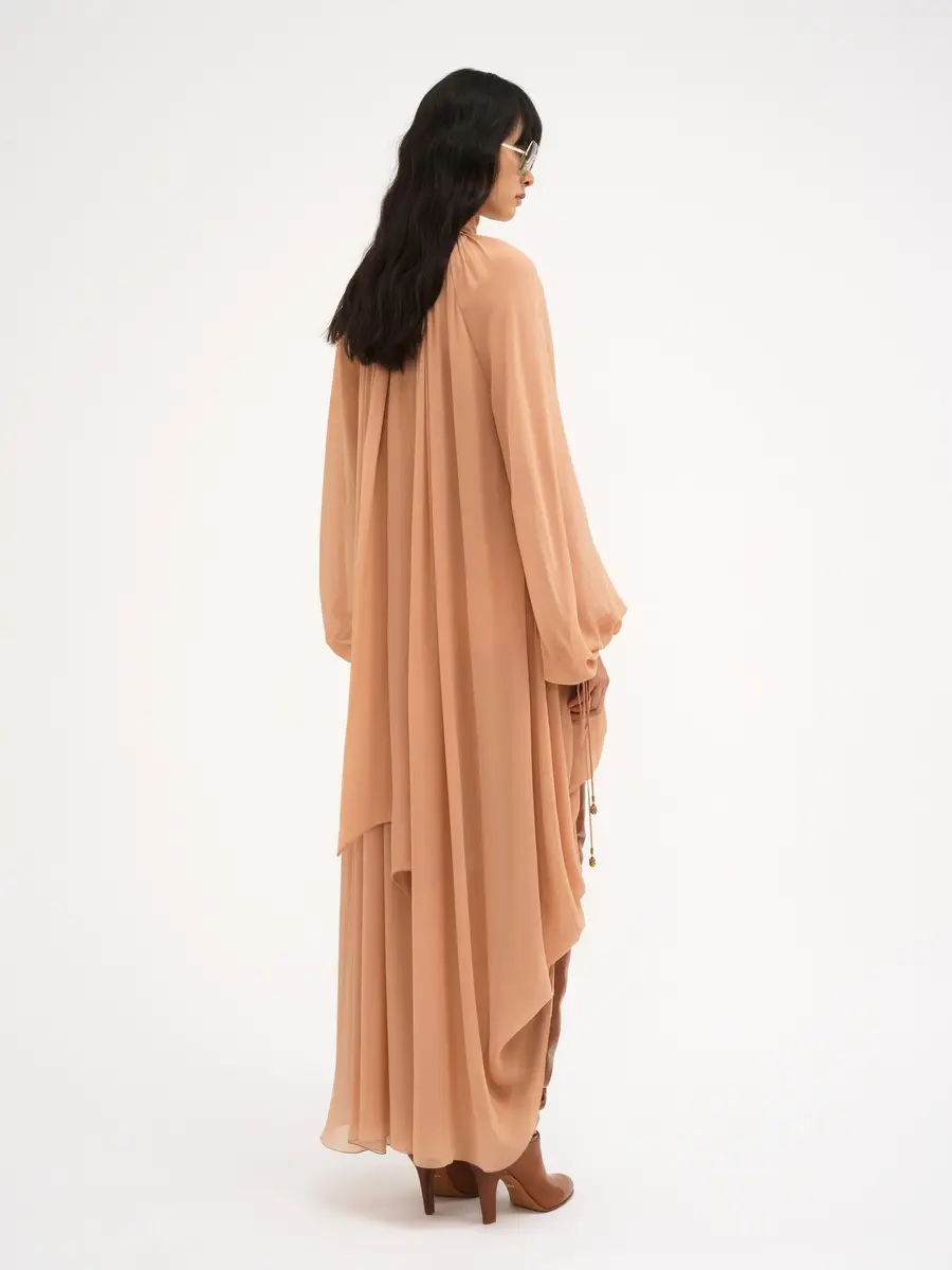 Chloé Mock-Neck Gathered Long Dress In Silk Georgette | Thumbnail 5 Chloé Mock-Neck Gathered Long Dress In Silk Georgette | Thumbnail 5