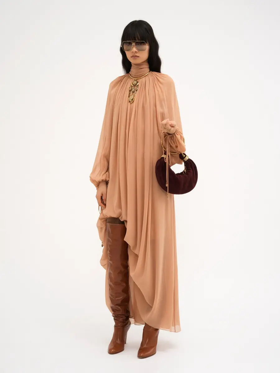Chloé Mock-Neck Gathered Long Dress In Silk Georgette | Thumbnail 8 Chloé Mock-Neck Gathered Long Dress In Silk Georgette | Thumbnail 8