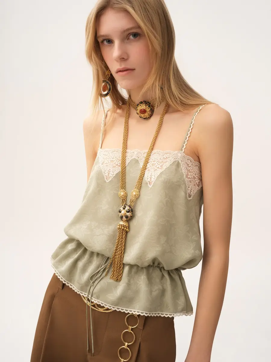 Chloé Drawstring camisole top in silk jacquard & lace | Thumbnail 4