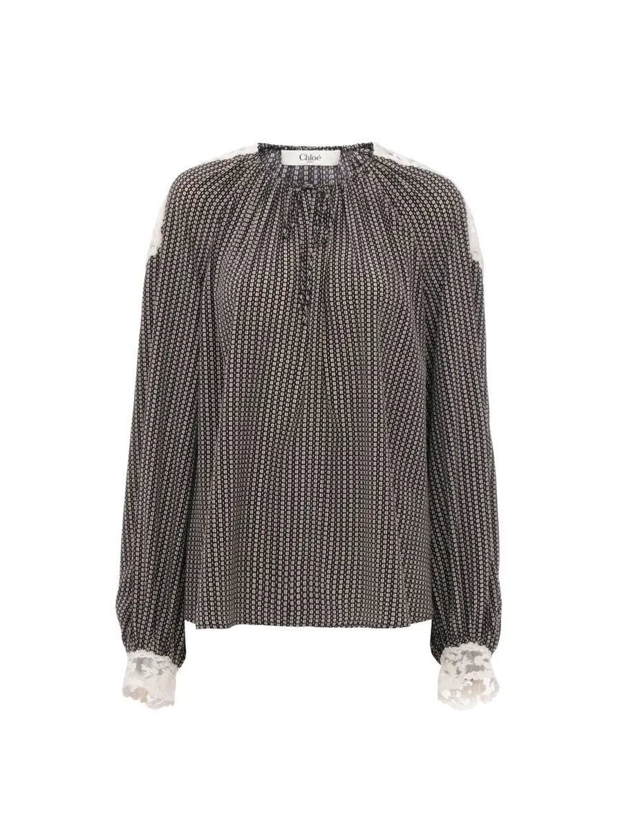 Chloé Open-neck top in crêpe de chine & lace | Thumbnail 2 Chloé Open-neck top in crêpe de chine & lace | Thumbnail 2