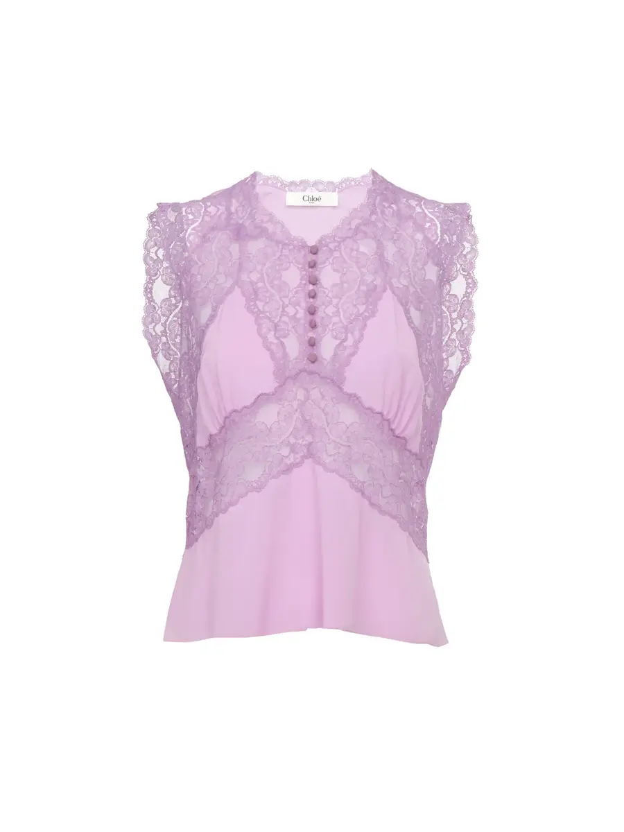 Chloé V-neck top in crêpe de chine & lace | Image 1 Chloé V-neck top in crêpe de chine & lace | Image 1