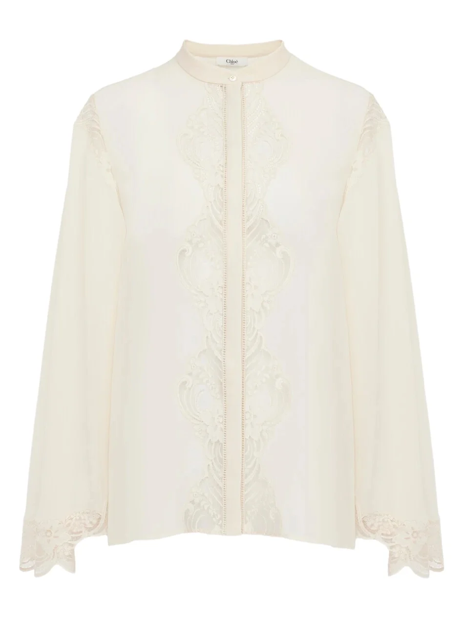 Fluid blouse in silk georgette & lace