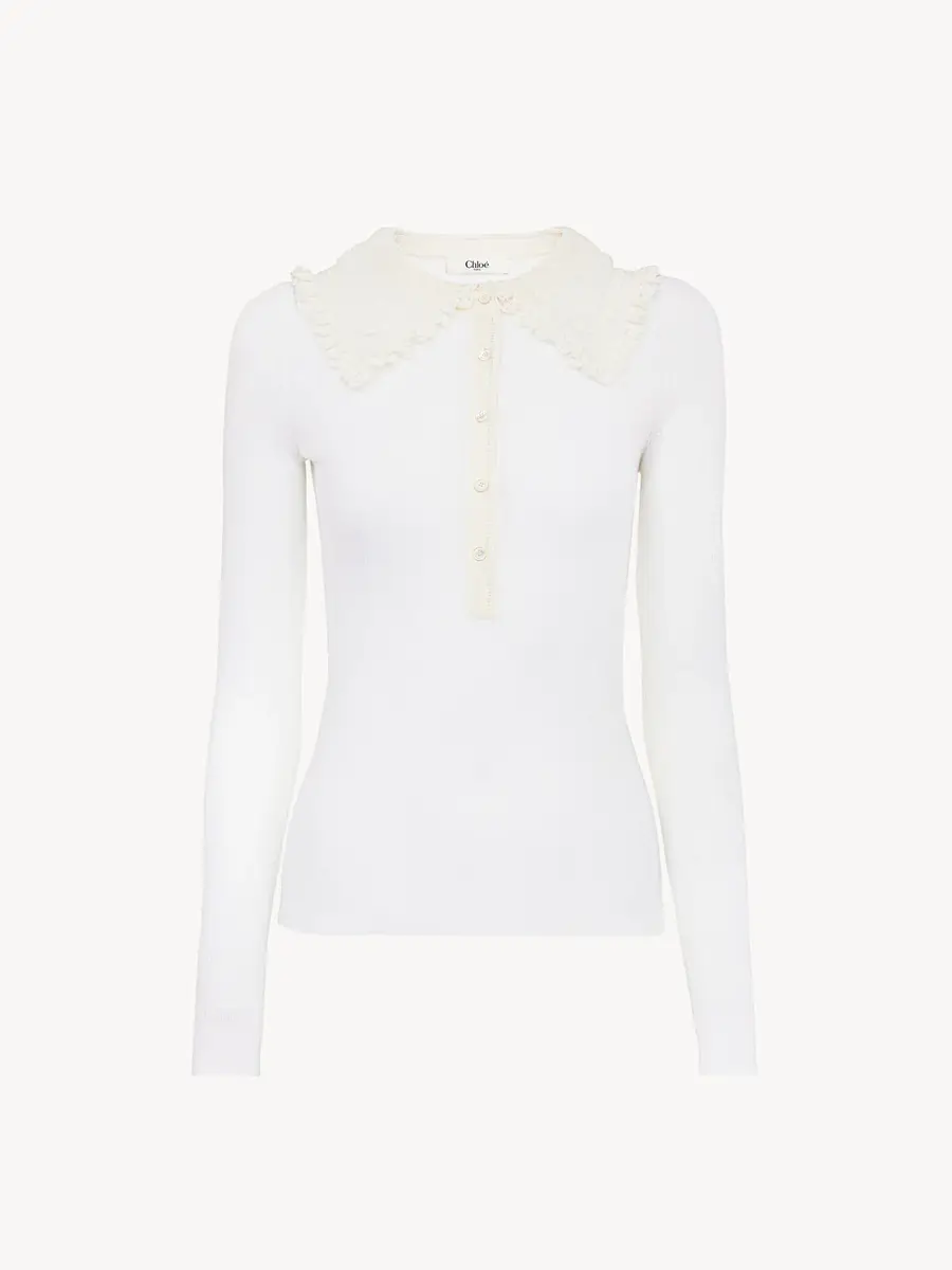 Chloé Collared Henley shirt in superfine wool knit & lace | Thumbnail 2