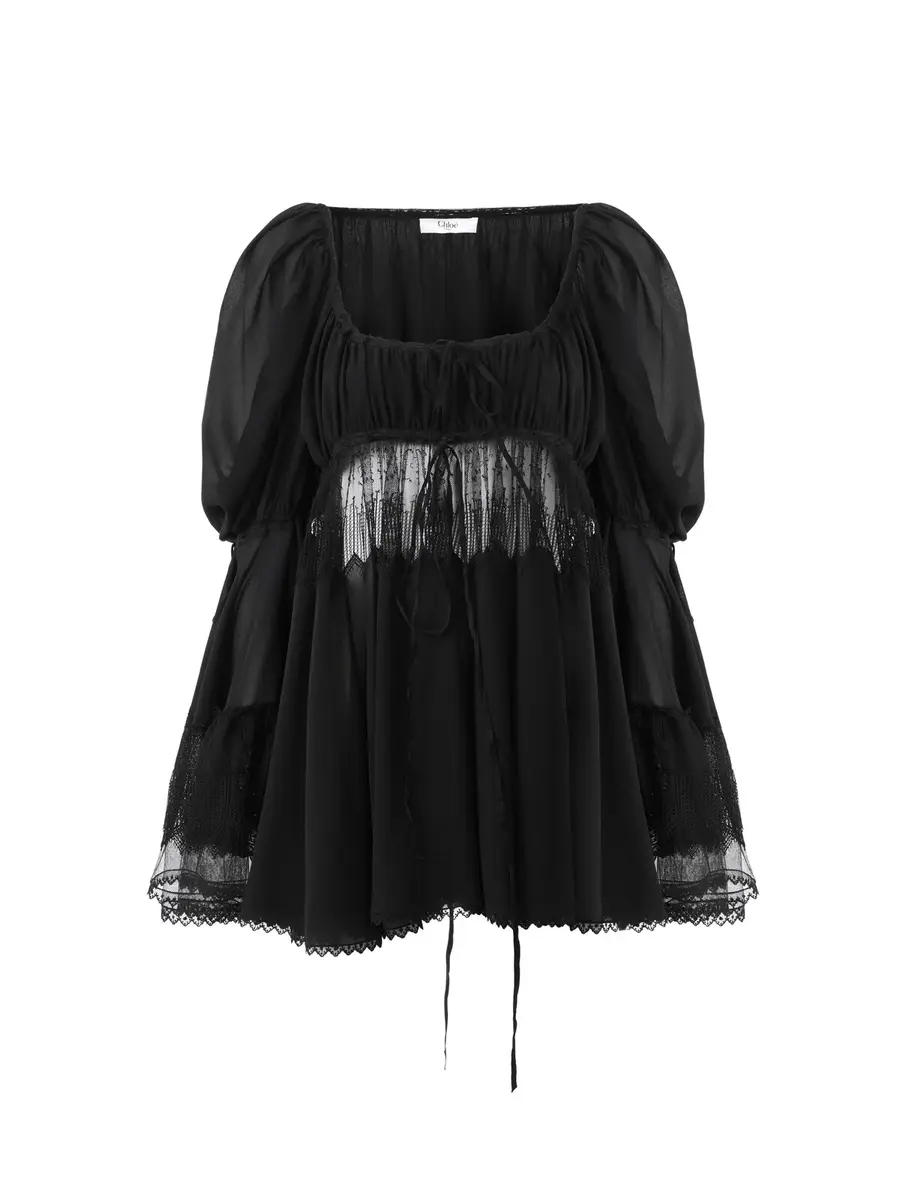 Chloé Scoop-neck puff-sleeve top in silk georgette & lace | Thumbnail 2 Chloé Scoop-neck puff-sleeve top in silk georgette & lace | Thumbnail 2